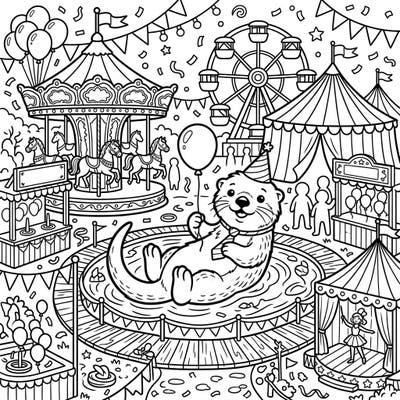 Get ready for a splash of fun with this delightful sea otter enjoying a vibrant carnival! This detailed coloring page is packed with festive attractions, from carousels to Ferris wheels, promising hours of creative entertainment.