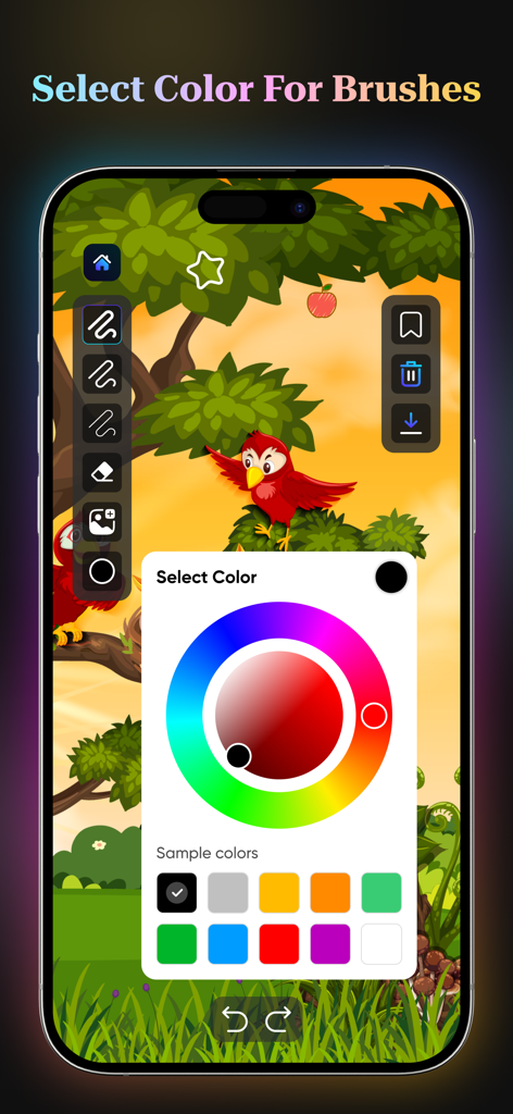 Endless Zoom app interface showing a color wheel and palette for choosing brush colors on a creative canvas