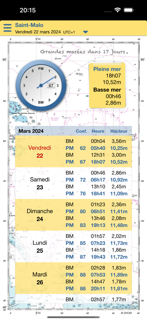Captura de pantalla de marée.info Essentiel mostrando el reloj de mareas y el horario detallado de mareas para Saint-Malo
