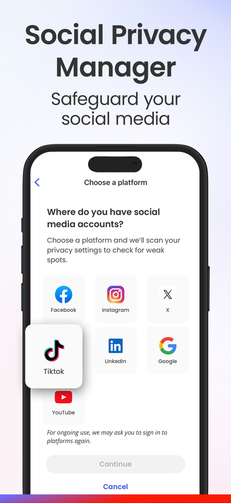 Écran de McAfee Security Social Privacy Manager sur un iPhone affichant les options permettant d'analyser les paramètres de confidentialité de Facebook, Instagram, TikTok et d'autres plateformes.