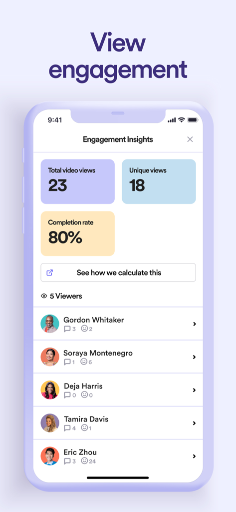 Loom: Screen Recorder - Loom mobile app interface displaying video engagement metrics including total views completion rate and a detailed list of viewers with reactions
