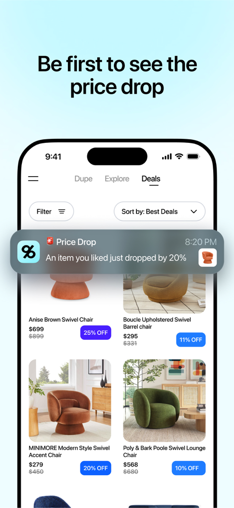 Dupe app interface showing furniture deals and a price drop notification