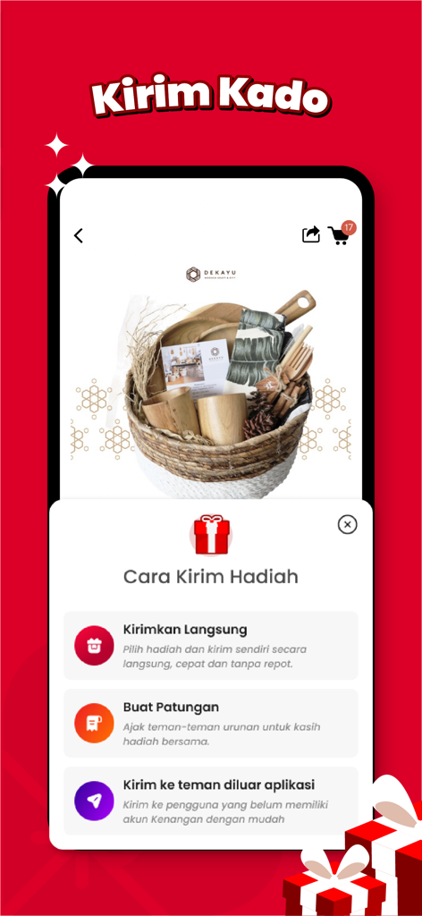 Kenangan.com - Écran de l'application Kenangan montrant les options pour envoyer des cadeaux ou démarrer un fonds de groupe