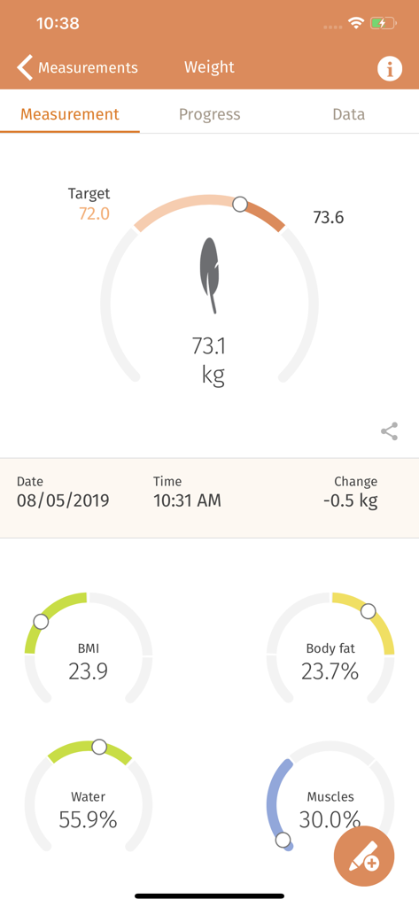 Beurer HealthManager app weight measurement screen showing BMI, body fat, water, and muscle percentage metrics.