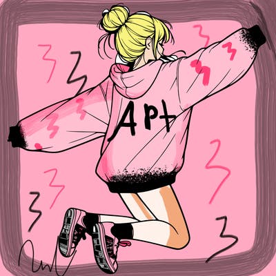 realistic girl jumping with a bun and oversized sweatshirt