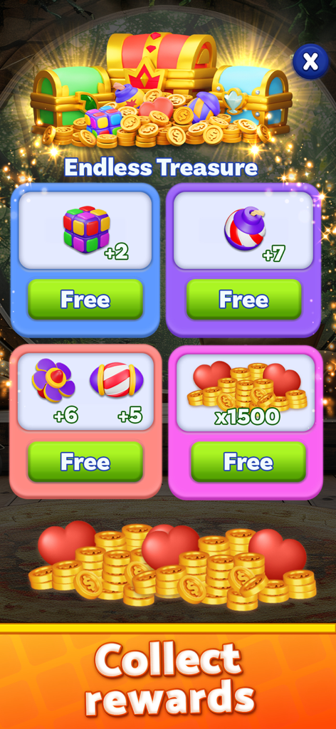 Dream Design:Travel & Decorate - A colorful game screen showing free treasure rewards including boosters, coins, and hearts in the Dream Design app.