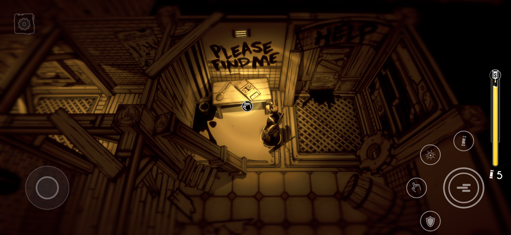 Bendy: Lone Wolf - Boris der Wolf erkundet einen dunklen Raum mit der Aufschrift Bitte finde mich an der Wand in Bendy Lone Wolf.