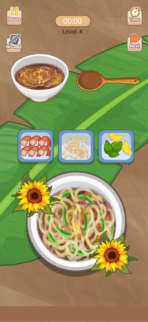 ASMR Chef Cozy Kitchen Cooking - Una pantalla de juego de cocina acogedora que muestra un tazón de fideos decorado con girasoles y bandejas de gambas e ingredientes.