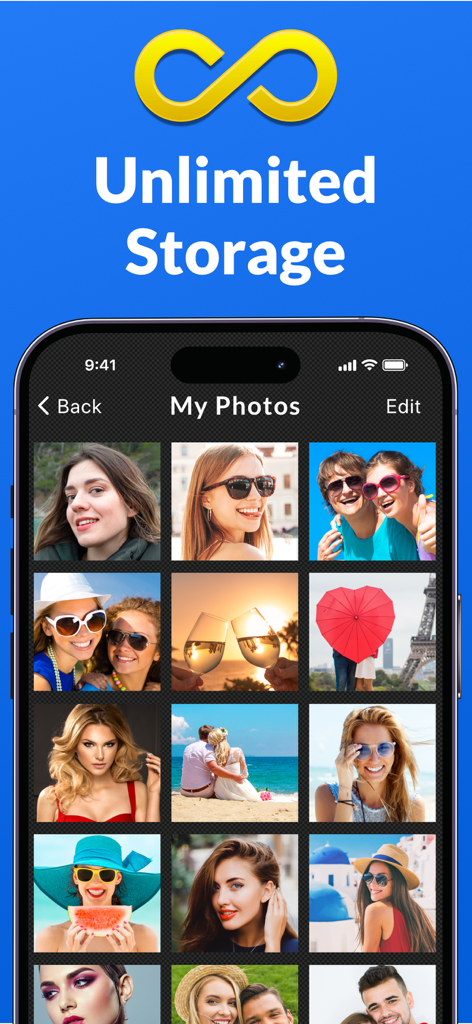 Interface of the Best Secret Folder app showing a grid of private photos and the unlimited storage feature.