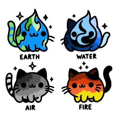 4 cats that represent the different elements, earth, water, air, and fire
