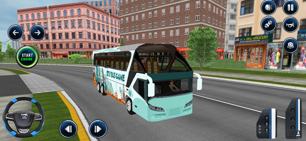 US Coach Bus Driving Games 3D - Un autobús de pasajeros color verde azulado conduciendo por una ciudad en un juego de simulación móvil 3D