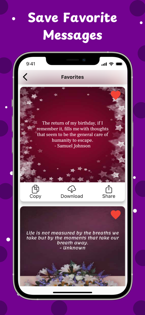 Birthday Wishes, Text Messages - Pantalla de Favoritos de la aplicación Deseos de Cumpleaños mostrando citas de cumpleaños seleccionadas en tarjetas decorativas con botones para compartir y descargar.