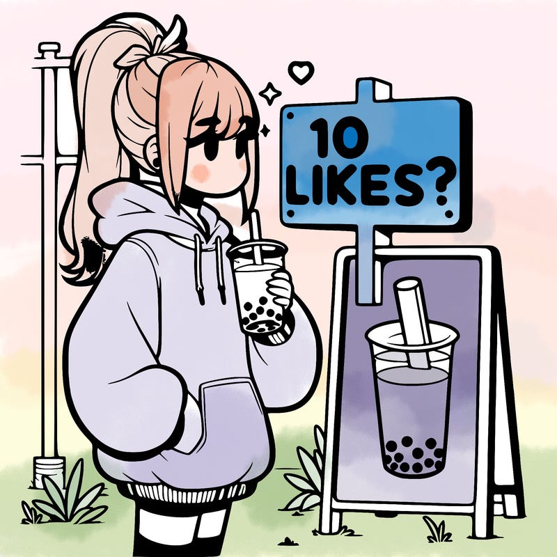 girl with oversized hoodie drinking boba and she has a high ponytail with a sign that says 10likes?