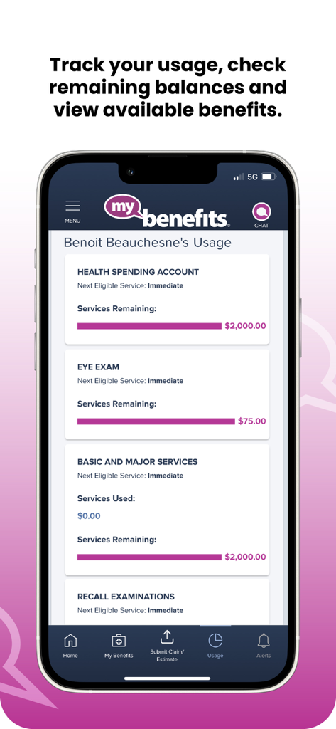 my-benefits - Une interface mobile de l'application my-benefits affichant les soldes de dépenses de santé et l'éligibilité aux services.