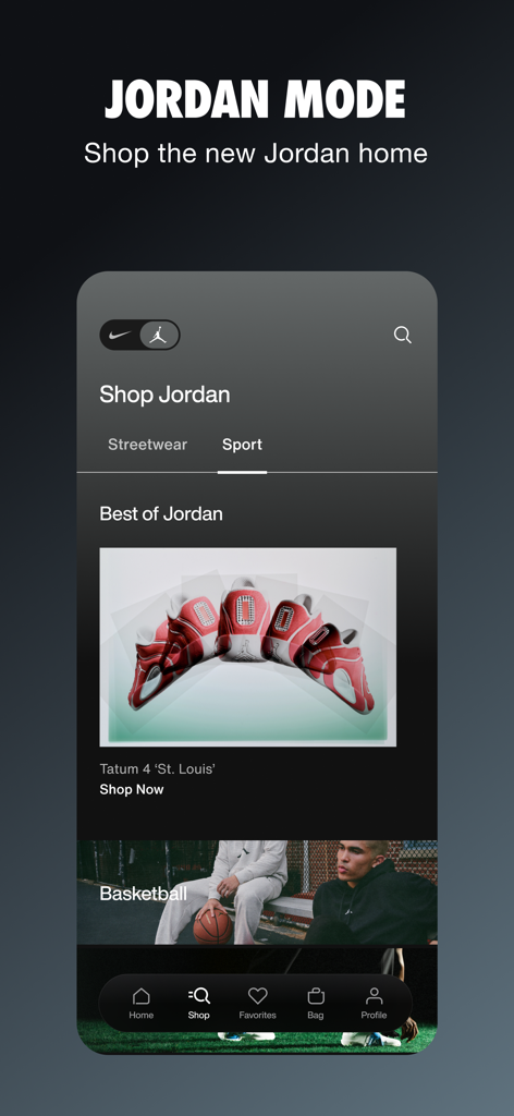 Nike: Shoes, Apparel, Stories - 농구화와 스트리트웨어를 보여주는 나이키 모바일 앱 조던 모드 화면
