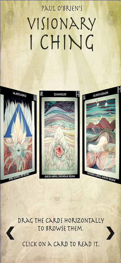 Visionary I Ching Oracle - A selection of illustrated I Ching hexagram cards in the Visionary I Ching Oracle app