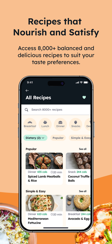 equ app - Pantalla móvil de la app equ mostrando una biblioteca de recetas saludables con recuentos de calorías y categorías como cena y bocadillos