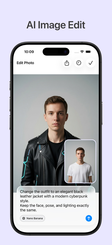 GenLive: AI Video & Live Photo - Interfaccia che mostra un'edit di foto AI che cambia la maglietta di un uomo in una giacca di pelle cyberpunk