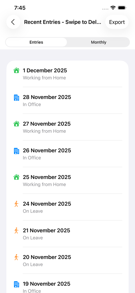 Una lista de registros diarios de ubicación de trabajo que muestran entradas para los estados de teletrabajo, en oficina y ausente.