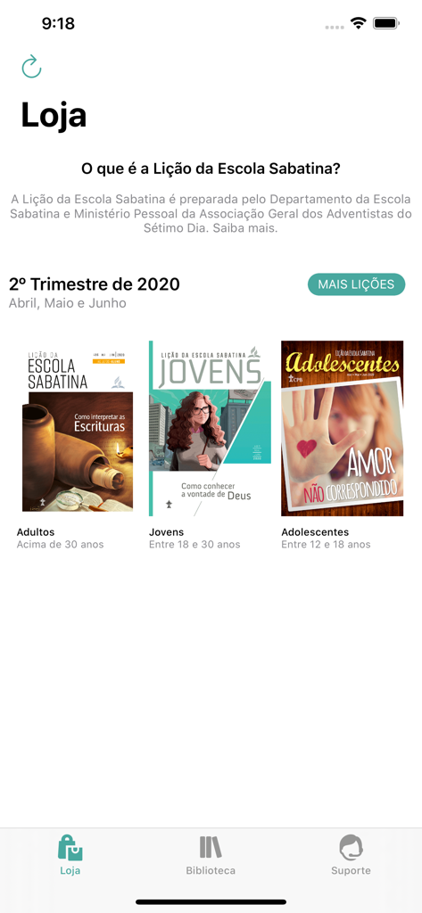 Lição da Escola Sabatina - Interface da loja do aplicativo Licao da Escola Sabatina com guias de estudo para adultos, jovens e adolescentes