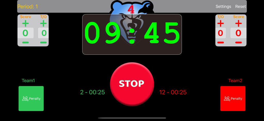 Interface of LAX Keeper app showing a lacrosse game clock, scores, and penalty timers for two teams