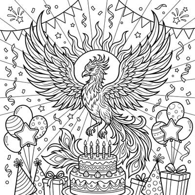Get ready to celebrate with this magnificent Sun Phoenix coloring page, beautifully intertwined with a joyous birthday party scene. Unleash your creativity by adding vibrant colors to this mythical creature amidst cakes, balloons, and festive decorations.