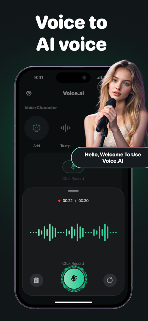 Un smartphone mostrando la interfaz de grabación de la aplicación Voice Box para la transformación de voz IA