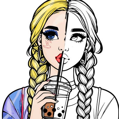 realistic girl with braided hair drinking boba