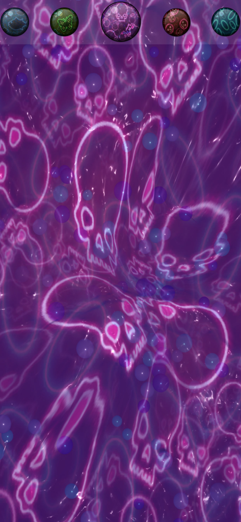 Slime maker DIY Simulator Time - A purple virtual slime texture with glowing neon pink skull patterns and blue translucent spheres