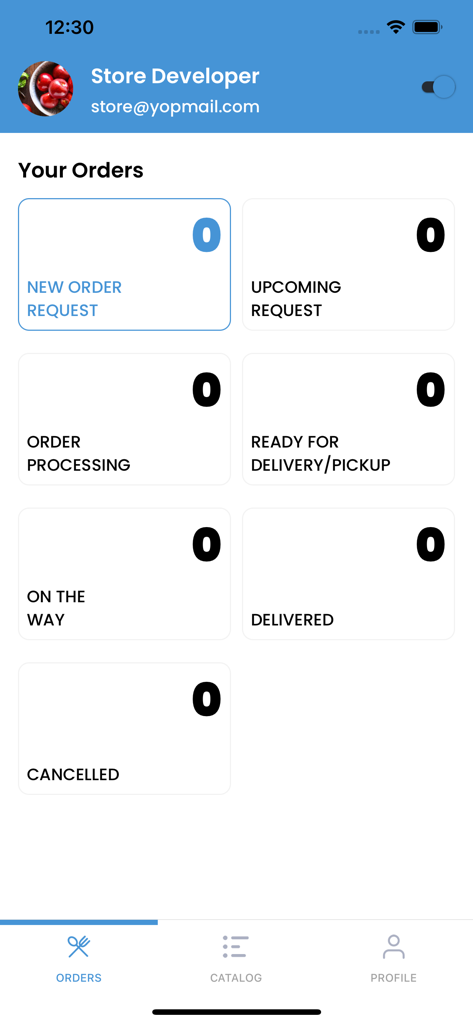 Dashboard dell'app PGO Partner per il monitoraggio dello stato degli ordini del ristorante