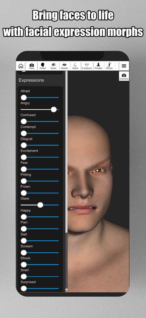 Face Model -posable human head - Interface of the Face Model app showing sliders for adjusting 3D facial expressions like anger and glare