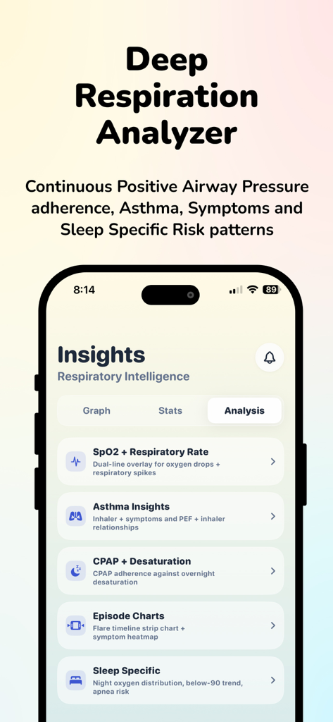 Blood Oxygen Monitor - OxyByte - OxyByte app insights interface showing deep respiration analysis options including SpO2, asthma, and CPAP tracking.