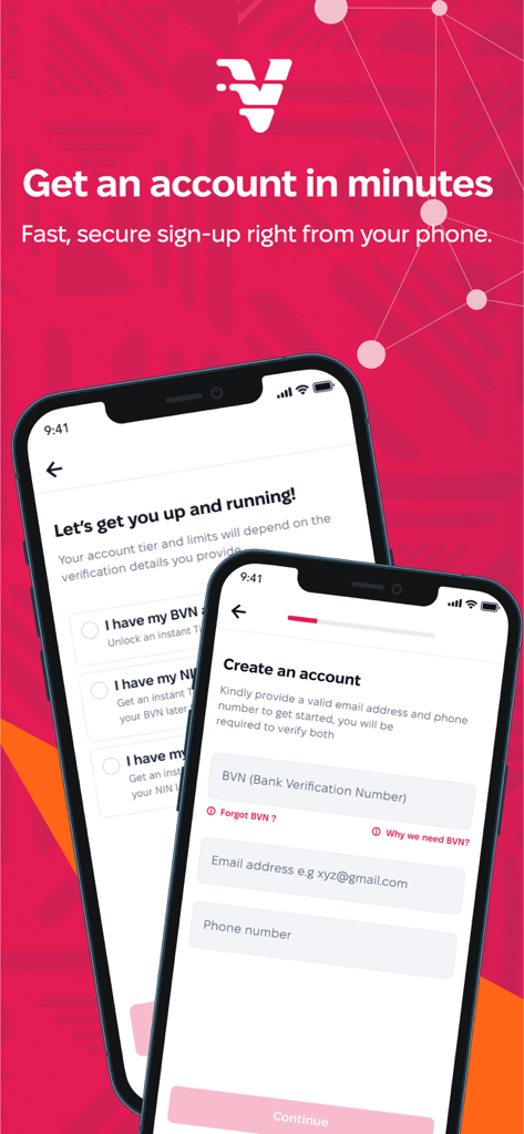 V by VFD - V by VFD app interface showing the quick account creation process with email and phone number fields