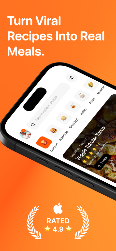 Sizzle - Discover, Shop, Cook! - Sizzle app home screen showing recipe categories and a shoppable taco recipe
