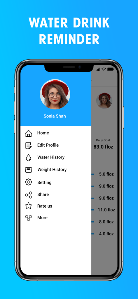 H2O : Drink Water Reminder - Side navigation menu of the H2O Drink Water Reminder app with health and history tracking options