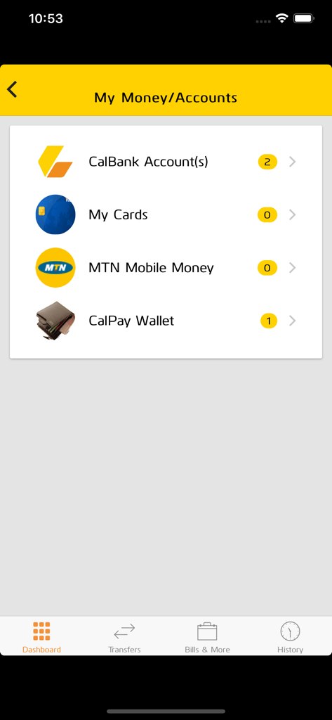 CalBank App - Screenshot of the CalBank app My Money section showing linked bank accounts and mobile money wallets