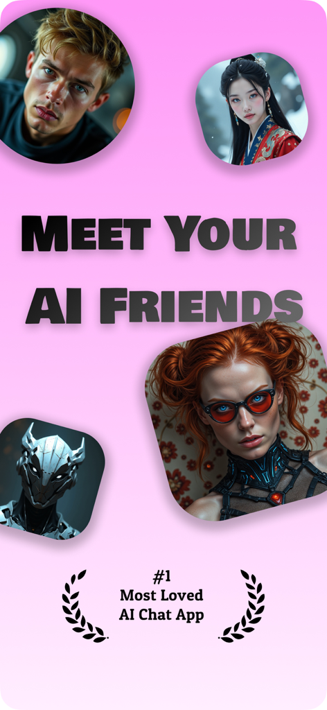 FunFun AI: AI Chat & Roleplay - Interfaz de la aplicación FunFun AI que muestra diversos avatares de personajes de IA y texto Conoce a tus Amigos de IA