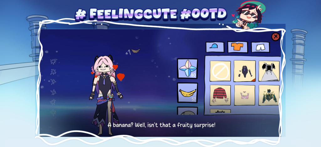 Wacky Wisher: Silly Genshin - Un personaje tonto en Wacky Wisher reacciona al recibir un plátano en el menú de vestimenta de personajes
