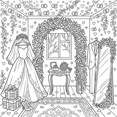 Immerse yourself in the magic of a wedding celebration with this exquisitely detailed interior scene. Featuring a bridal gown, rings, floral arches, and more, it's perfect for anyone dreaming of their special day or simply seeking a romantic coloring escape.