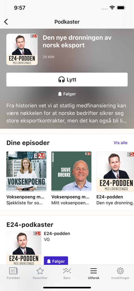 E24 - nyheter om økonomi - Section podcast de l'application d'actualités économiques E24 montrant divers épisodes de podcasts financiers et liés à la carrière