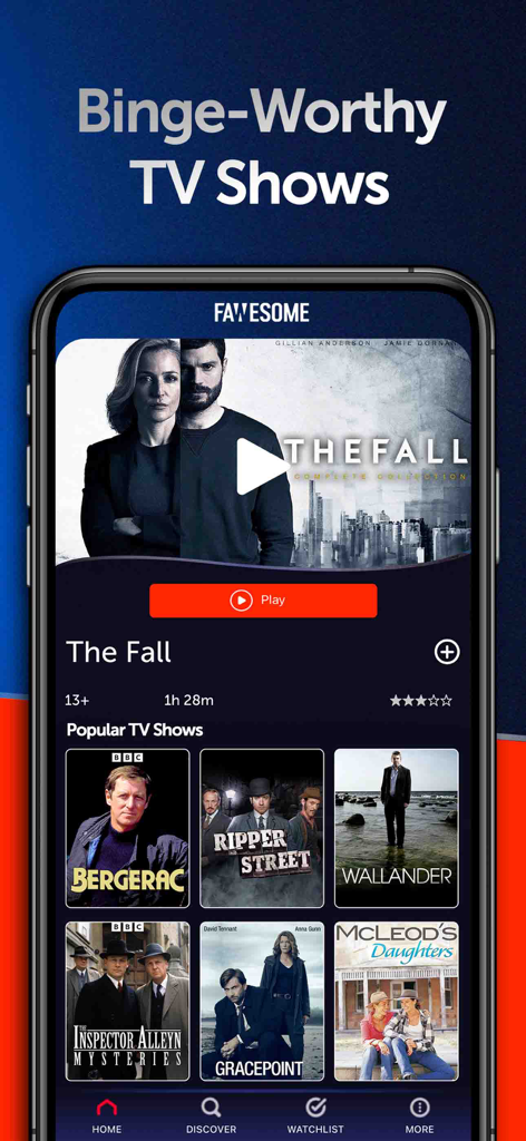 Fawesome app interface showing a list of binge worthy and popular TV shows