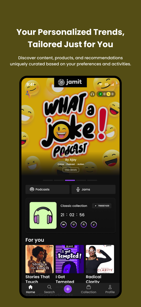 Jamit: Stories, Podcasts & AI - Interface do aplicativo Jamit apresentando um feed personalizado de histórias de áudio e podcasts