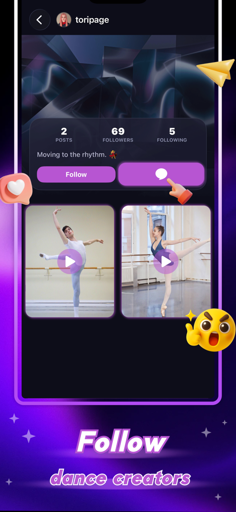 Faye - Chat&Social - Faye App-Profilbildschirm, der ein Benutzerprofil mit Ballett-Tanzvideos und einer Schaltfläche zum Folgen zeigt