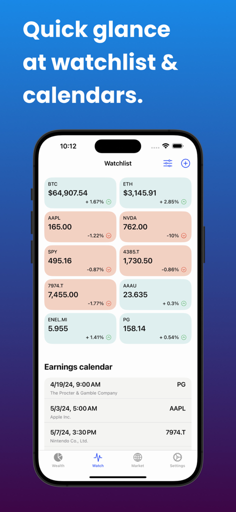 Bitfolio app interface showing a multi-asset watchlist and earnings calendar