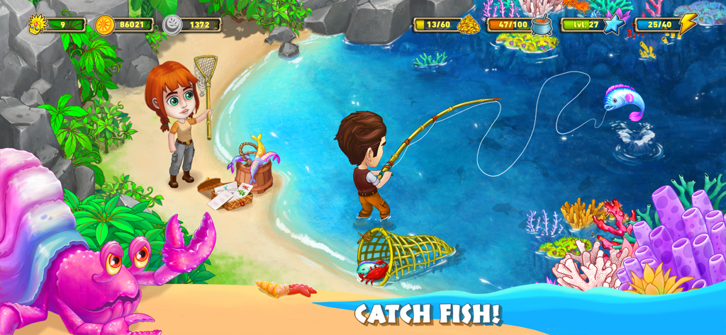 Personaje masculino pescando en una playa tropical en Bobatu Island Survival Quest con una personaje femenina cerca y arrecifes de coral coloridos