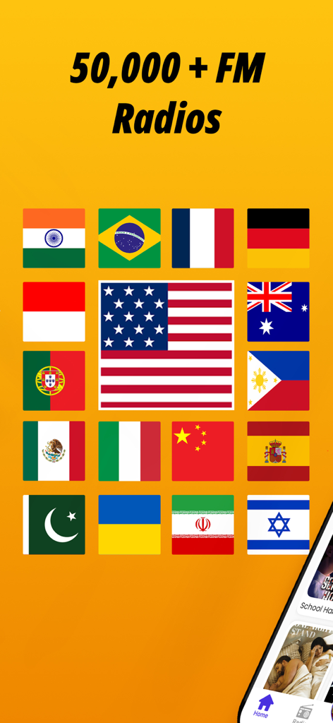 Radio FM: Music, News & Sports - A grid of international flags featuring the USA flag and text stating 50000 plus FM Radios on a yellow background.