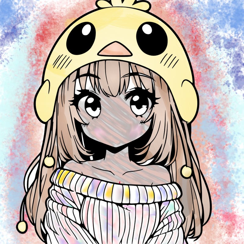 anime girl with chick shaped hat with sweater with bare shoulders with bangs covering them one eye with low tail