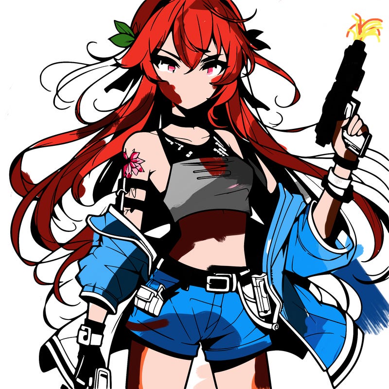 bad girl wearing crop top holding a gun long hair anime