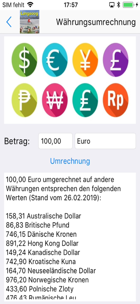 Langeoog App für den Urlaub - Currency converter screen in the Langeoog app showing exchange rates from Euro to various international currencies