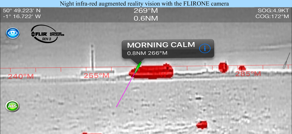 SeaNav NP app interface showing infrared augmented reality night vision with FLIR camera integration for ship identification